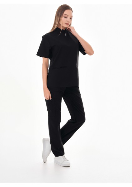 Kadın Likralı Siyah Takma Kol Fermuar Detaylı Cerrahi Takım Scrubs Üniforma Cerrahi Forma modelleri
