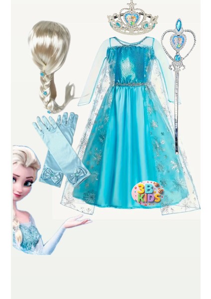 Karlar Ülkesi Peruklu Elsa Elbise Kostüm Takımı