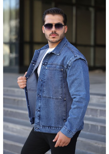 Erkek Regular Fit Retro Kare Cep Düğmeli Mavi Ceket