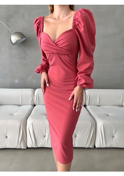 Kruvaze Yaka Balon Kol Ithal Krep Kumaş Midi Boy Elbise