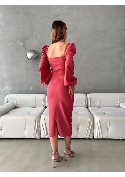 Kruvaze Yaka Balon Kol Ithal Krep Kumaş Midi Boy Elbise modelleri