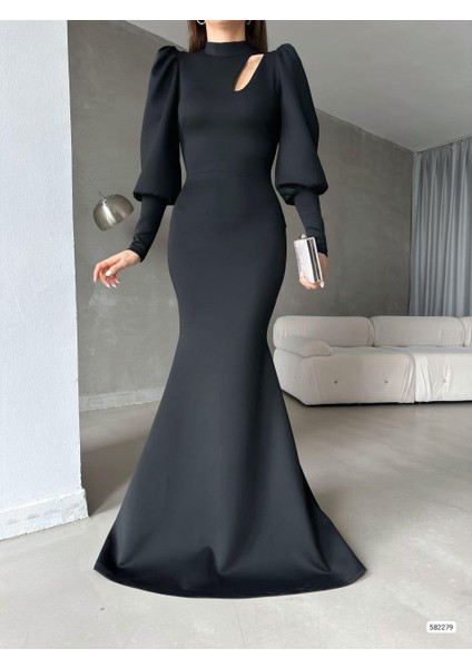 Bisiklet Yaka Balon Uzun Kollu Göğüs Detay Ithal Scuba Kumaş Maxi Boy Abiye Elbise