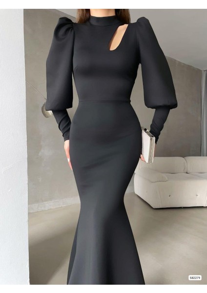Bisiklet Yaka Balon Uzun Kollu Göğüs Detay Ithal Scuba Kumaş Maxi Boy Abiye Elbise fiyatları