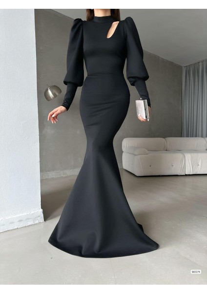 Bisiklet Yaka Balon Uzun Kollu Göğüs Detay Ithal Scuba Kumaş Maxi Boy Abiye Elbise modelleri