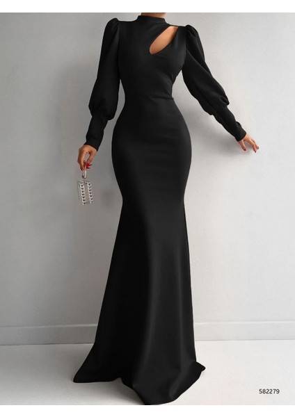 Bisiklet Yaka Balon Uzun Kollu Göğüs Detay Ithal Scuba Kumaş Maxi Boy Abiye Elbise fırsatları