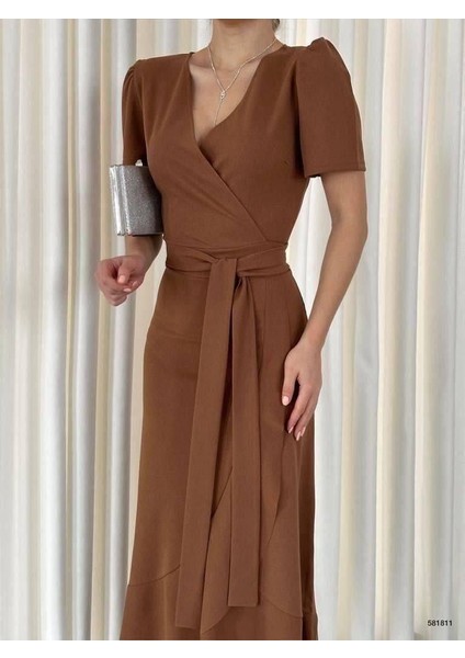 Kruvaze Yaka Kısa Kol Volanlı Kuşaklı Midi Boy Elbise Kahve 581811