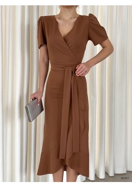 Kruvaze Yaka Kısa Kol Volanlı Kuşaklı Midi Boy Elbise Kahve 581811 fiyatları