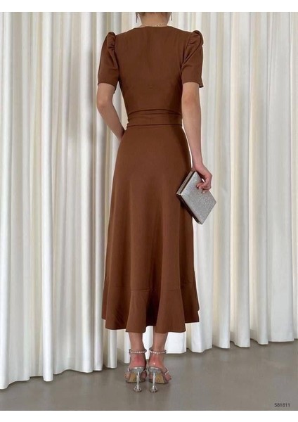 Kruvaze Yaka Kısa Kol Volanlı Kuşaklı Midi Boy Elbise Kahve 581811 modelleri