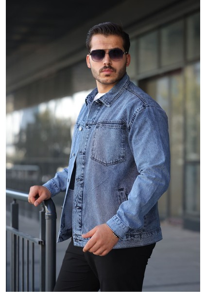 Erkek Regular Fit Düğmeli Vintage Kar Yıkama Mavi Ceket