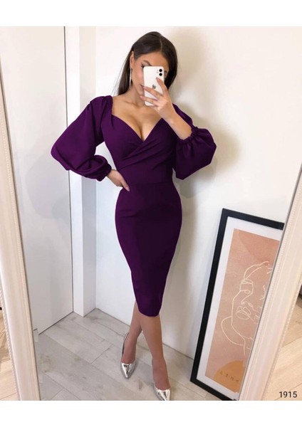 Kruvaze Yaka Balon Kol Ithal Krep Kumaş Midi Boy Elbise