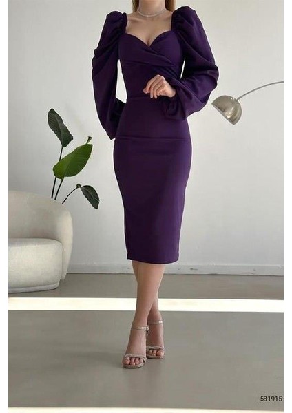 Kruvaze Yaka Balon Kol Ithal Krep Kumaş Midi Boy Elbise fırsatları