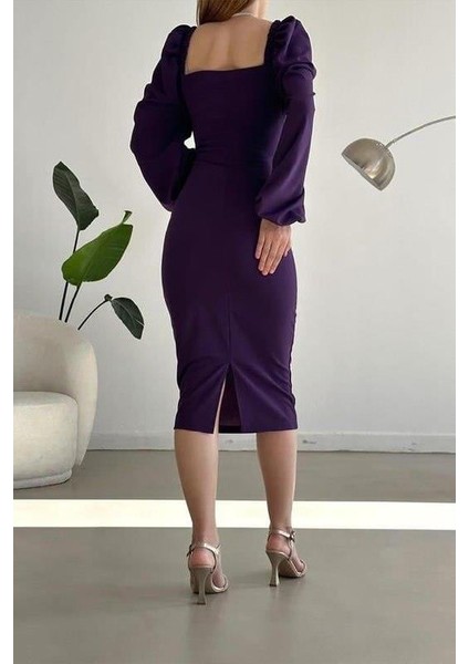 Kruvaze Yaka Balon Kol Ithal Krep Kumaş Midi Boy Elbise indirimleri