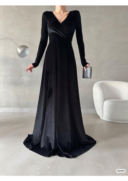 Kruvaze Yaka Uzun Kollu Yırtmaçlı Maxi Boy Abiye Elbise 581949 Siyah