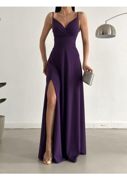 Kruvaze Yaka Yırtmaç Detaylı Krep Kumaş Nikah Düğün ve Mezuniyet Elbisesi 582664