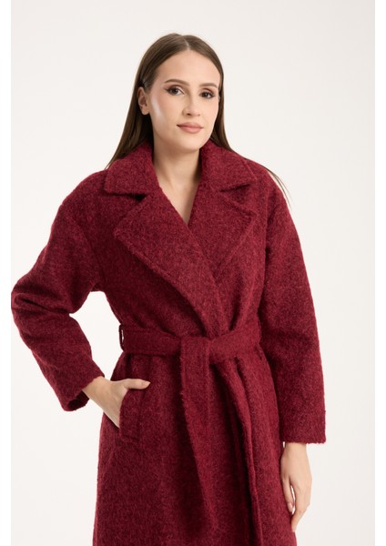 Bordo Buklet Kaşe Oversize Kaban