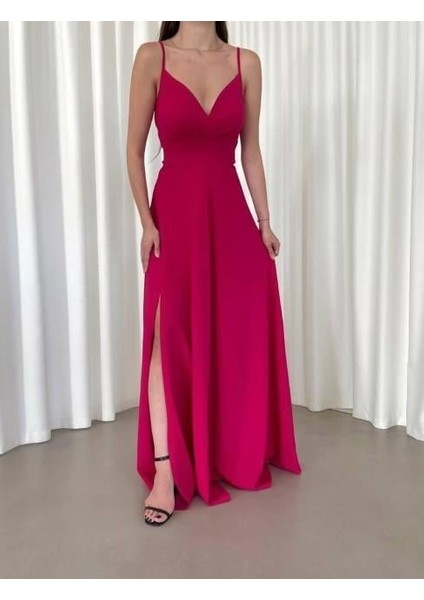 Askılı Kruvaze Yaka Yırtmaç Detaylı Krep Kumaş Mezuniyet Düğün ve Nikah Elbisesi 582664