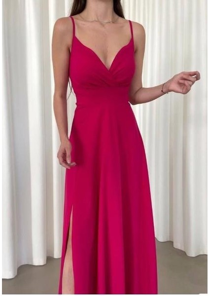 Askılı Kruvaze Yaka Yırtmaç Detaylı Krep Kumaş Mezuniyet Düğün ve Nikah Elbisesi 582664 fiyatları