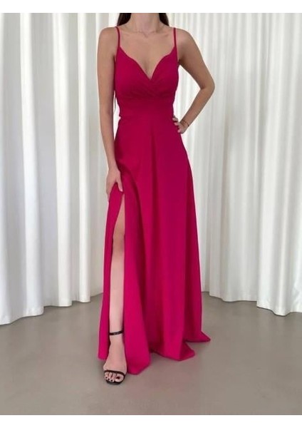 Askılı Kruvaze Yaka Yırtmaç Detaylı Krep Kumaş Mezuniyet Düğün ve Nikah Elbisesi 582664 modelleri