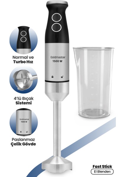 Güçlü 1500W Çelik Çubuk Blender Seti, Paslanmaz Hazne, 4 Bıçak, Siyah Renk