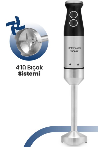 Güçlü 1500W Çelik Çubuk Blender Seti, Paslanmaz Hazne, 4 Bıçak, Siyah Renk