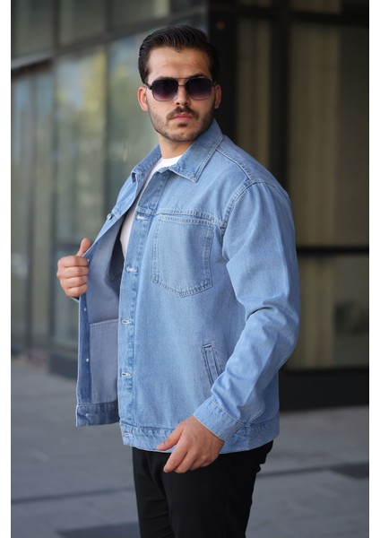 Erkek Regular Fit Düğmeli Vintage Açık Mavi Kot Ceket