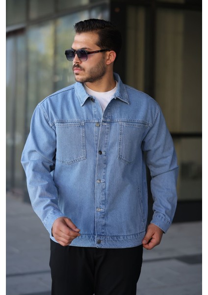 Erkek Regular Fit Düğmeli Vintage Açık Mavi Kot Ceket modelleri