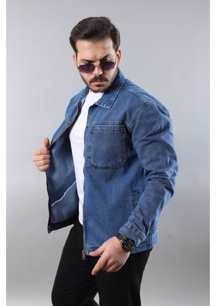 Erkek Regular Fit Açık Mavi Spor Model Fermuarlı Kot Ceket