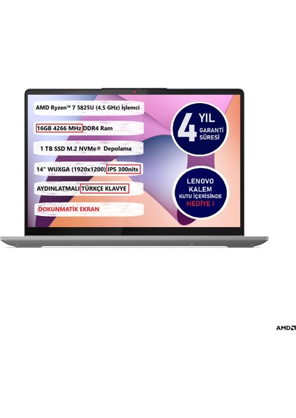 Ip Flex5 2 In 1 14ABR8 Amd Ryzen™ 7 5825U 16GB 1 Tb SSD 14" Touch 82XX00JSTX Freedos Dokunmatik Bilgisayar