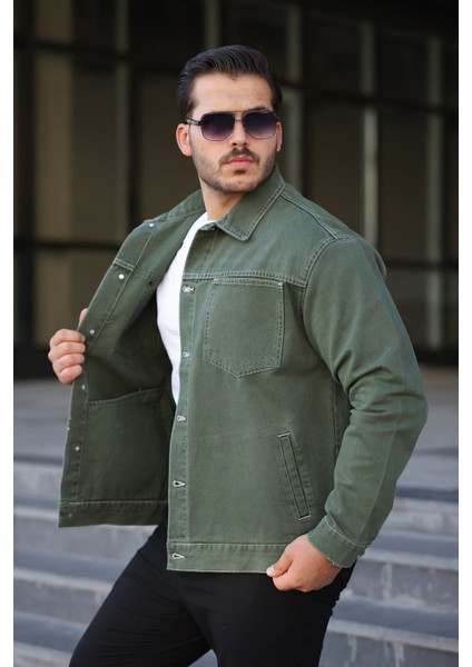 Erkek Regular Fit Düğmeli Vintage Haki Kot Ceket