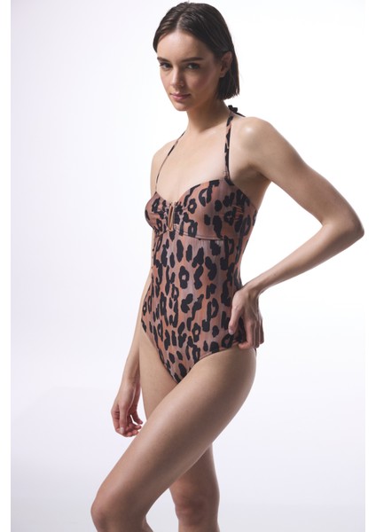 Clove Leopar Desenli Tokalı Straplez Mayo