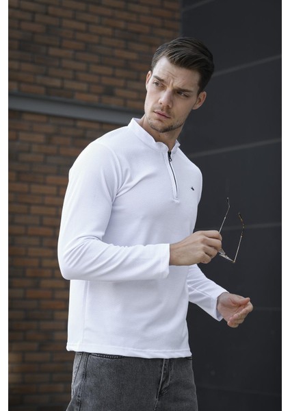 Jakbo Fermuarlı Hakim Yaka Petek Desen Erkek Uzulkol Tshirt Sweat