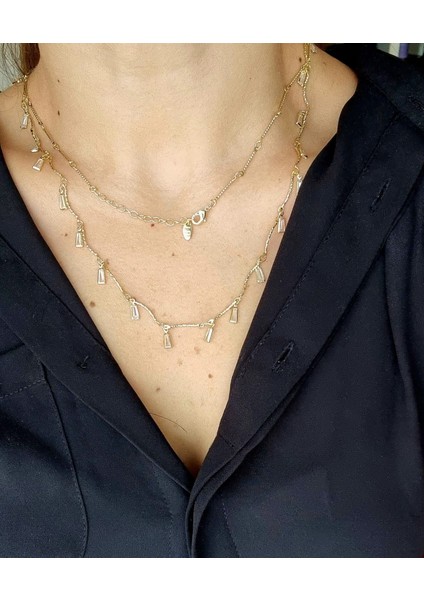 Premium Paslanmaz Çelik 14K Altın Kaplama Taş Detaylı Kolye (90 Cm)