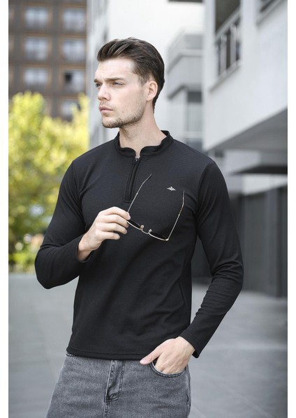 Jakbo Fermuarlı Hakim Yaka Petek Desen Erkek Uzulkol Tshirt Sweat