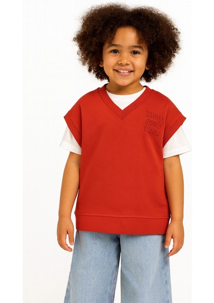 Kız Çocuk Kırmızı Süveter Kaşkorse V Yakalı Kolsuz Triko