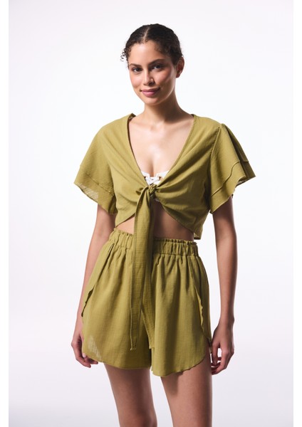 Yağ Yeşili Peek Bağlama Detaylı Crop Top Üst
