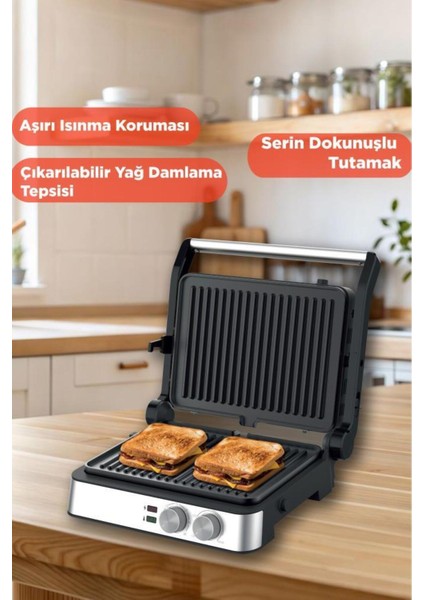 2000W Paslanmaz Çelik Tost ve Izgara Makinesi, Çıkarılabilir Plakalar, Siyah-Gümüş fırsatları