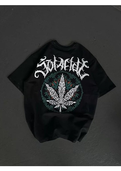 Unisex Bisiklet Yaka Baskılı Oversize T-Shirt - Siyah modelleri