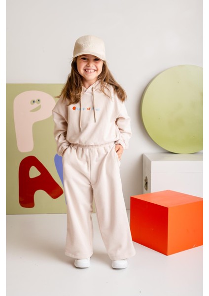 Kız Çocuk Düz Paça Fırçalı Tek Alt - Krem