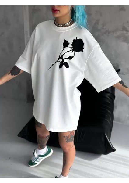 Unisex Bisiklet Yaka Baskılı Oversize T-Shirt - Beyaz fiyatları