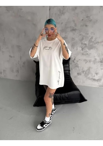 Unisex Baskılı Oversize T-Shirt - Beyaz modelleri