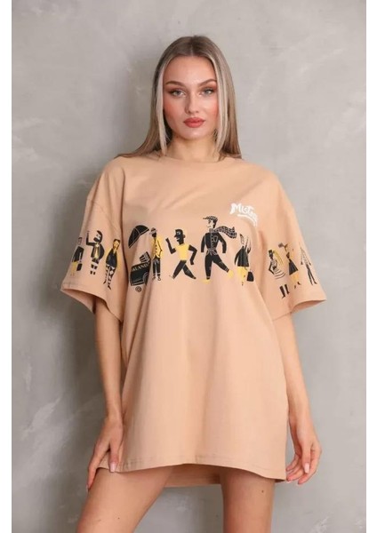 Unisex Bisiklet Yaka Baskılı Oversize T-Shirt - Bej modelleri