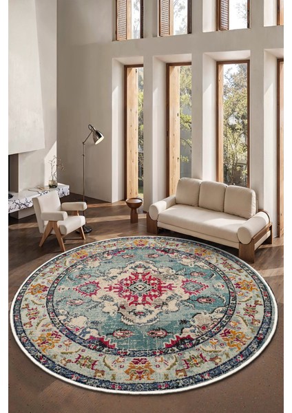 Dekoratif Yıkanabilir, Yuvarlak Kaymaz Tabanlı, Yuvarlak Salon Oturma Odası Halısı - WOOPAMUK495