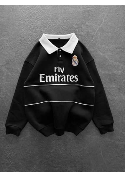Realmadrid Polo Yaka Siyah/beyaz Taraftar Oversize Trend Sweatshirt