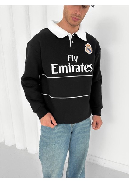 Realmadrid Polo Yaka Siyah/beyaz Taraftar Oversize Trend Sweatshirt modelleri