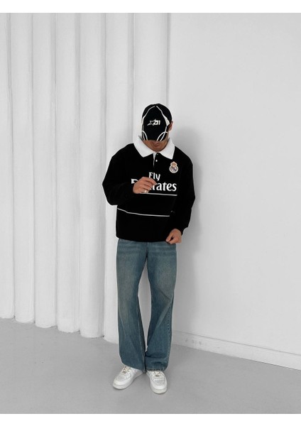 Realmadrid Polo Yaka Siyah/beyaz Taraftar Oversize Trend Sweatshirt indirimleri