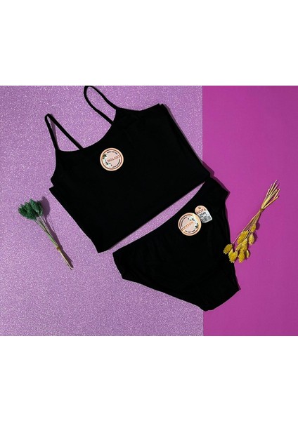 Kadın Külot- Atlet Takım 2'li Set Fitilli Pamuklu Siyah Renk