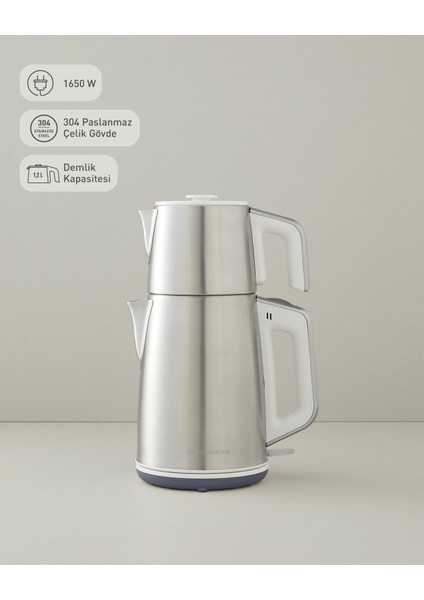 Şık Inox Çay ve Kettle Takımı, Beyaz-Krom, Pratik ve Modern Tasarım