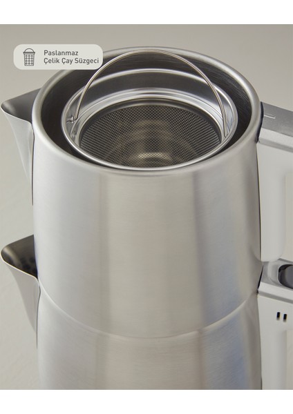 Şık Inox Çay ve Kettle Takımı, Beyaz-Krom, Pratik ve Modern Tasarım
