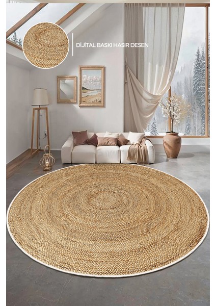 Dekoratif Yıkanabilir, Yuvarlak Kaymaz Tabanlı, Yuvarlak Salon Oturma Odası Halısı - WOOPAMUK521