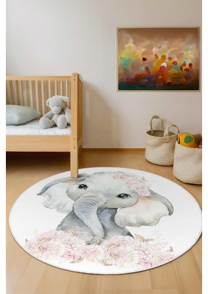 Dekoratif Yıkanabilir, Yuvarlak Kaymaz Tabanlı, Salon - Yuvarlak Çocuk Odası Halısı - WOOPAMUK150